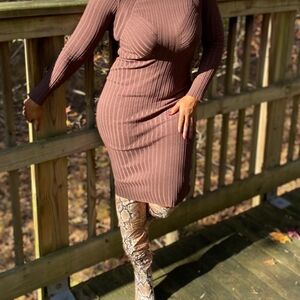 Brown Ribbed Midi Dress